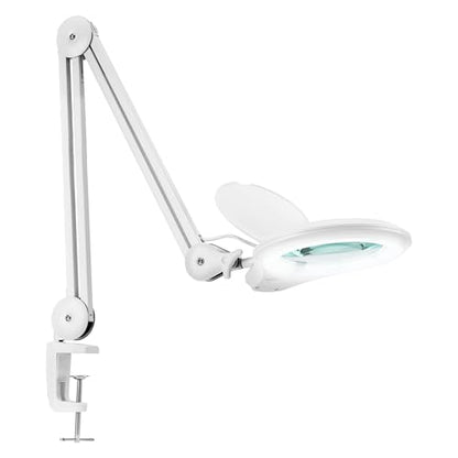 Neatfi LED Bifocal Magnifying Lamp 1,200 Lumens – 5” Glass Lens, Dual Magnification 2.25X/6X, Dimmable | Adjustable Arm with Clamp | Crafting, Jewelry & Reading (5 Diopter + 20 Diopter, White) - color: White, size: 5 Diopter + 20 Diopter