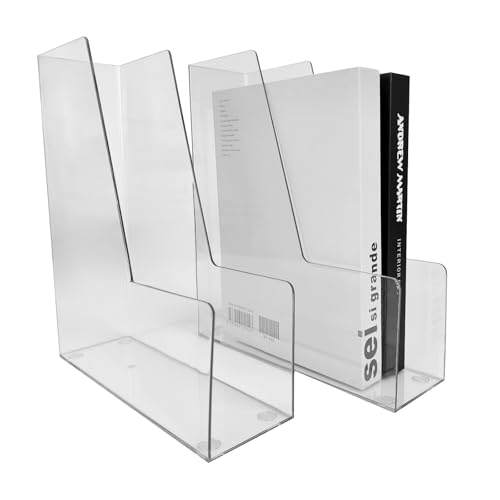 Clear Vertical File Holder, 2 pack, for Home Office | Clear plastic Magazine Organizer, 2-pack. Multi-purpose document organizer for home office, school. Space-saving storage. - color: Clear