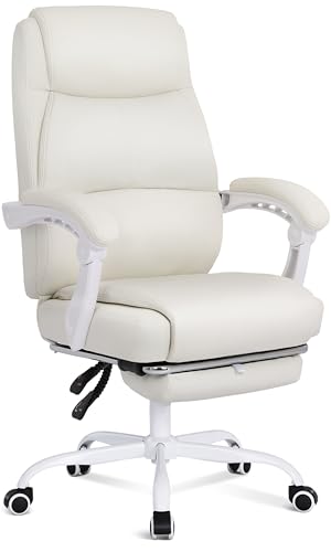 Misolant Big and Tall Office Chair with Footrest, High Back Desk Chair with Linkage Armrest, 90-155° Recline Executive Computer Chairs with Adjustable Height for Home - color: Beige White