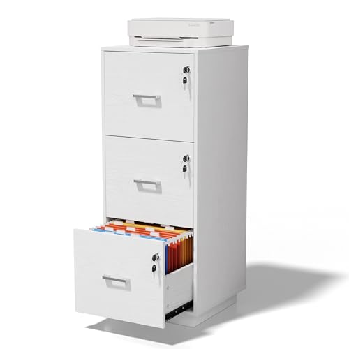 VINGLI 3 Drawer File Cabinet with Lock, Home Office Filing Organizer, for Letter Size File Folder Storage, Wood Tall Vertical Filing Cabinet, Printer Stand, Archivador (White) - color: Classic White, size: High 3 Drawer