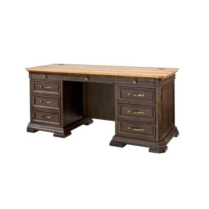 Pemberly Row Executive Desk, 60”W x 28”D x 30”H, Solid Wood Plank Top, Brown Finish, Double Pedestal Design, Dropfront Keyboard Drawer, Locking File Drawers, Antique Bronze Hardware, Home Office Desk