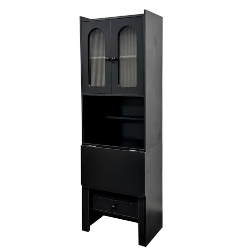 roomfitters Fold-Out Writing Table Secretary Desk with Fluted Glass Door Hutch Storage Cabinet Home Office, Black