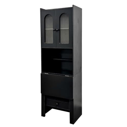roomfitters Fold-Out Writing Table Secretary Desk with Fluted Glass Door Hutch Storage Cabinet Home Office, Black