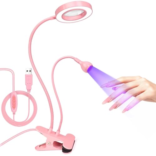 AORAEM LED UV Nail Lamp with Double-Head and 6X Magnifier, Pink | Gooseneck Lamp for Gel Nails, Flash Cure Lamp for Home DIY Salon - color: Magnifier-Pink