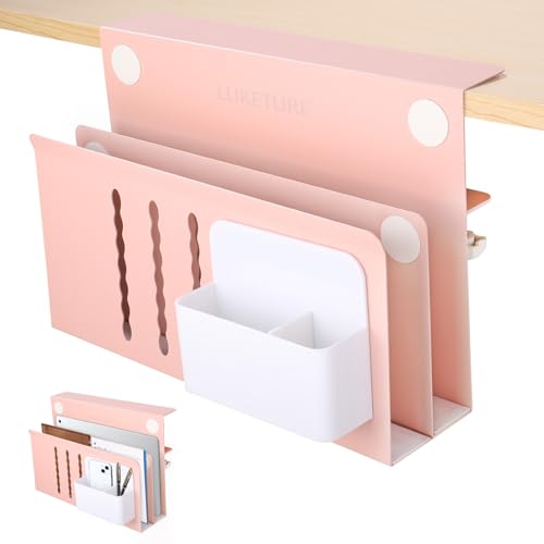 LUKETURE Desk Side Storage, 2 Tie Laptop Holder No Drill Clamp On Organizer - color: Pink, size: L(2 Tier)