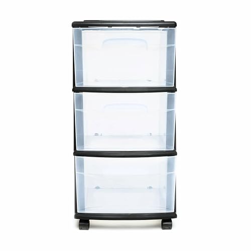 HOMZ Drawer Tower, 3-Tier Storage Cart with Removable Wheels, Black Frame - color: Black, size: 1 Pack