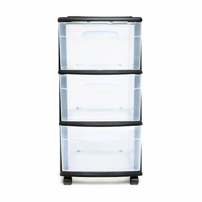 HOMZ Drawer Tower, 3-Tier Storage Cart with Removable Wheels, Black Frame - color: Black, size: 1 Pack