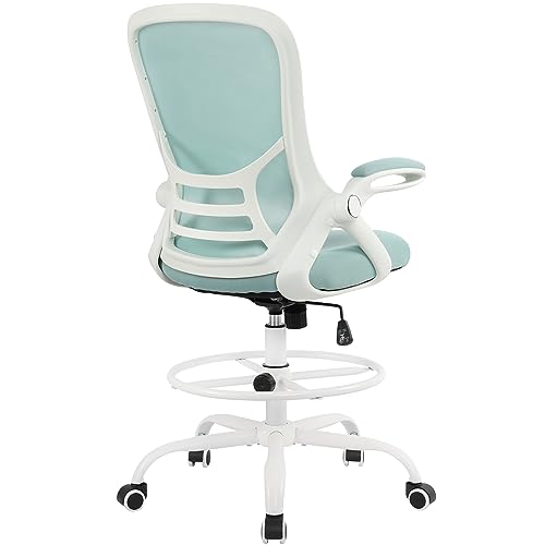 HYLONE Drafting Chair Tiffany Blue, Tall Office Chair Standing Desk Stool with Adjustable Height, Foot Ring, Flip-Up Arms, Mesh High-Back Office Chair, White - color: Blue