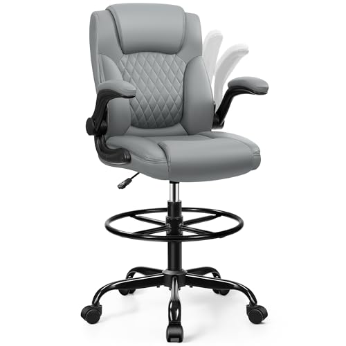 Drafting Chair, Tall Office Chair for Standing Desk, High Executive Leather Ergonomic Computer Chair with Adjustable Height and Flip-Up Armrest for Counter Height Desk, Grey, Pack of 1 - color: Grey
