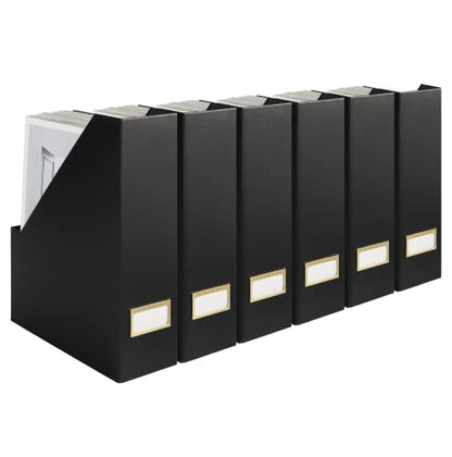 BLU MONACO | Cardboard Magazine File Holder Set of 6 Black | Vertical Magazine File Holder with Gold Label Slots | Standing File Holder and Cardboard Bins for Shelves Desk Storage - color: Black & Gold