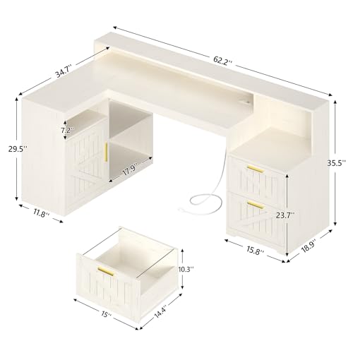 TVU Farmhouse L Shaped Desk with Drawers, 62.2" Home Office Desk with Storage Shelves and Power Outlet, L Shaped Computer Desk with Monitor Stand and Printer Shelf, White - color: White