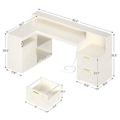TVU Farmhouse L Shaped Desk with Drawers, 62.2" Home Office Desk with Storage Shelves and Power Outlet, L Shaped Computer Desk with Monitor Stand and Printer Shelf, White - color: White