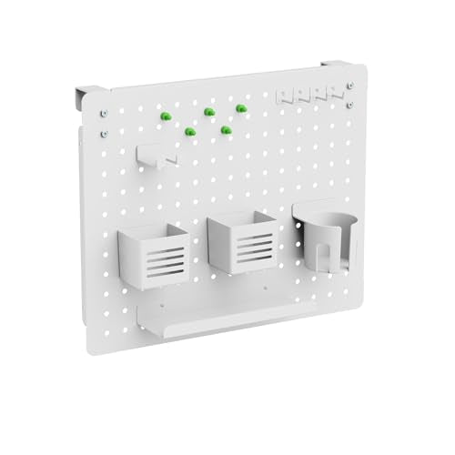 Kantek Pegboard Desktop Organizer & Accessories, Sits, Hangs or Clamps to Tables, 20.58” X 17” White Steel Privacy Panel, Cup Holder, Pen Cup, Headphone Holder, Tray, Magnets, Easy Install - color: White