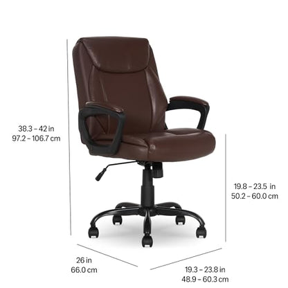Amazon Basics Classic Puresoft PU Padded Mid-Back Office Chair with Armrest, Height Adjustable, Wheels, 25.75"D x 24.25"W x 42.25"H, Brown - color: Brown
