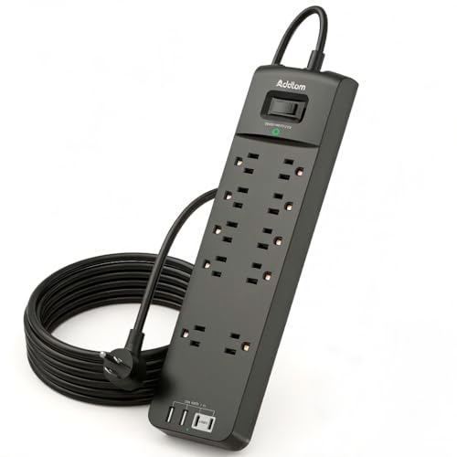 Addtam Power Strips with Surge Protection, 12FT Long Extension Cord with Multiple Outlets, Surge Protector Power Strip with 10 Outlets and 4 USB Ports(2 USB C), Flat Plug, 2700J, Black - color: Black, size: 12 Ft