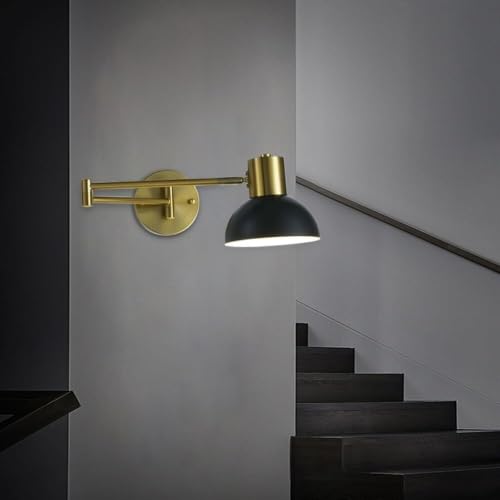 Modern Iron Swing Arm Wall Sconce Gold and Black Adjustable Wall Lamp Fixture for Bedroom Bedside Living Room Reading Mid Century Industrial Wall Mounted Lighting E26 Base Hardwired(Black) - color: Black