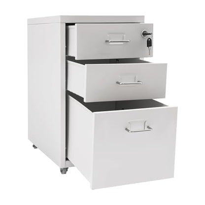 3-Drawer Metal Vertical File Cabinet, Narrow Mobile File Cabinet with Lock and 2 Keys, Under Desk Storage Drawer for Study Home-11 * 16 * 18.3in (White) - color: White