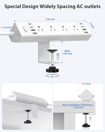 Jgstkcity Desk Clamp Power Strip 40W USB C,8-Outlet,8 USB,10FT,White | 40W Fast Charging Station,4 USB-C,4 USB-A,Furniture Nightstand Edge Mount Surge Protector, Fits 1.9" Tabletop Edge - color: White, size: 10FT Length