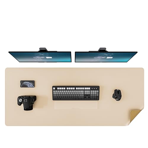 DAWNTREES Dual Sided Desk Mat,Leather Desk Pad,47.2''x15.8'',Cork Desk Mat Protector,with PU Leather Valet Tray Organizer,Large Mouse Pad,Desk Writing Pad for Office and Home(Khaki) - color: Khaki, size: 47.2" x 15.8"