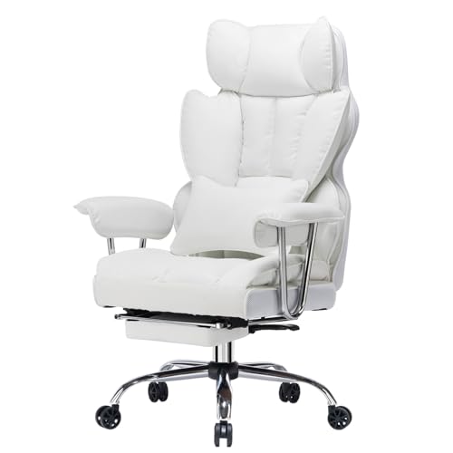 Efomao Big and Tall Office Chair 400lbs – High Back Executive Chair with Swivel Base, PU Leather Upholstery, Lumbar Pillow, Padded Armrests, and Rolling Wheels，White Computer Chair - color: 3008y White