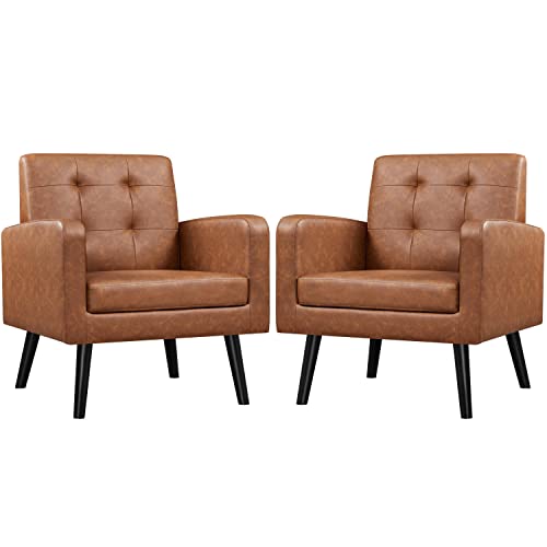 Yaheetech Mid Century Accent Chairs Set of 2 Living Room Chairs Retro Brown | Faux Leather Upholstered Sillones Para Sala, Modern Reading Nook Chairs, Button Tufted Back, Rubberwood Legs, Bedroom Office - color: Retro Brown, size: set of 2