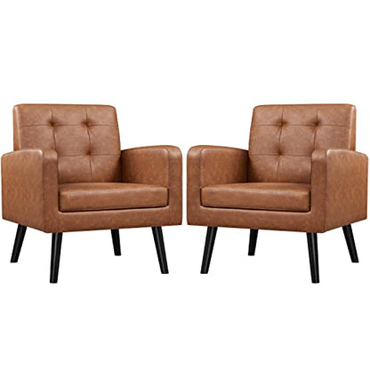 Yaheetech Mid Century Accent Chairs Set of 2 Living Room Chairs Retro Brown | Faux Leather Upholstered Sillones Para Sala, Modern Reading Nook Chairs, Button Tufted Back, Rubberwood Legs, Bedroom Office - color: Retro Brown, size: set of 2