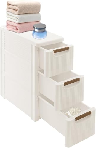 Small Bathroom Storage Cabinet, 3-Drawer Slim Rolling Storage Cart with 4 Casters, Narrow Plastic Storage Drawers for Bathroom Bedroom Kitchen Classroom, Space-Saving Mobile Cabinet
