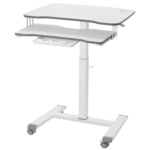 ETHU Mobile Standing Desk with Keyboard Tray on Wheels, White