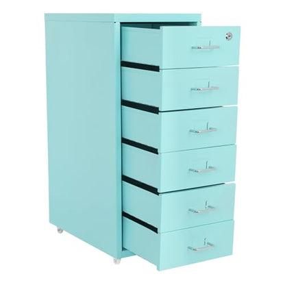 6 Drawers File Cabinet with Lock Rolling Mobile Filing Cabinet with Wheels Under Desk Vertical Filing Cabinet for Office/Home Metal (Light Blue) - color: Light Blue