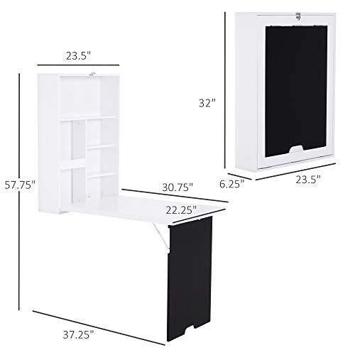 White Wood Wall Mounted Hideaway Desk with Storage for Small Spaces | Folding Desk with A Blackboard, Expandable Computer Desk, Pull Out Study Table for Bedroom Apartment - color: White,