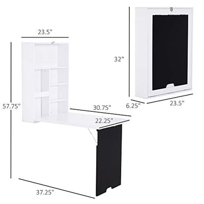 White Wood Wall Mounted Hideaway Desk with Storage for Small Spaces | Folding Desk with A Blackboard, Expandable Computer Desk, Pull Out Study Table for Bedroom Apartment - color: White,