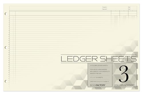3 Column Accounting Ledger Sheets, 17'' x 11'', 50 Pages | Large Columnar Loose Leaf Paper, 3 Hole Punched - Made in USA - size: 3 Column, style: Loose Leaf Sheets