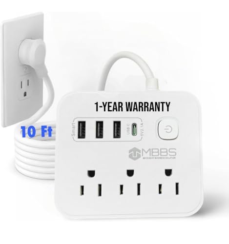 10 Ft Surge Protector Power Strip with USB C, 1200J Protection, Heavy Duty Extension Cord – (7-in-1) 3 AC Outlets, 4 USB Ports, LED On/Off Switch – Compact & Travel Friendly – Home, Office. - color: White, size: 10 ft