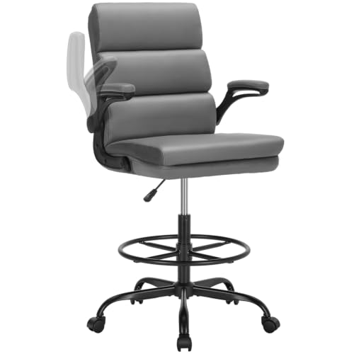 amseatec Drafting Chair, Tall Office Chair with Footrest for Standing Desk | 3-zone backrest and dual-layer cushion add comfort; 90° flip-up armrests plus adjustable foot ring fit counter-height tables - color: Grey