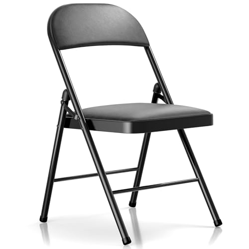 Fenbeli Padded Folding Chair with Cushion, Black PU Leather Foldable Chair for Extra Guest Seating, Home Office & Dorm, 330-Pound Heavy-Duty Steel Frame, Auto-Lock Hinge, Wipe-Clean, Folds Flat - color: Black, size: Set of 1