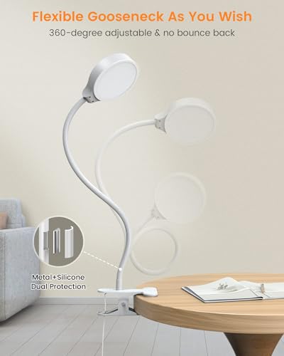 Glocusent 5W Desk Lamp with Remote, 3 Colors & 5 Brightness Reading Lights | Flexible Gooseneck Clip on Lamp, 30-Min Timer Reading Lamp, Perfect Clip on Light for Bunk,Bed,Headboard,Table,Work,Craft - color: White with Remote