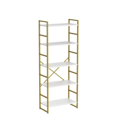 Vongrasig 5 Tier Metal Bookshelf, Narrow Industrial Bookcase, White+Gold - color: White Gold