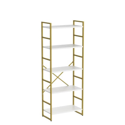 Vongrasig 5 Tier Metal Bookshelf, Narrow Industrial Bookcase, White+Gold - color: White Gold