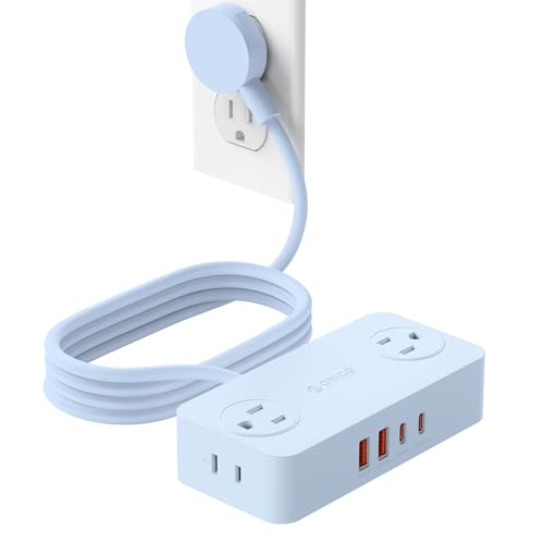 ORICO Power Strip with USB Ports, 5Ft Flat Plug Extension Cord | 8 in 1 Multiple Outlets(AC*4, USB-C*2, USB-A*2) for Desk,Small Charging Station for Home, Office, Dorm, Room - CPR20 Blue - color: Blue