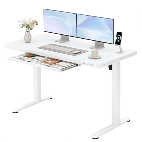 Furmax Adjustable Height Electric Standing Desk with Drawers, 48 Inch Sit Stand Desk with One-Piece Thickened Desktop & USB Charging Port for Home Office Computer Desks (White Desktop, 48 Inch) - color: White Desktop