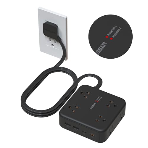 TESSAN Dual Surge Protector Power Strip, 5 Ft Extension Cord Flat Wall Plug | 4 USB (2 USB C) 8 Outlets, 2100J Surge Protection, 20W Multiple Charging Station for Home Office College Dorm, Black - color: Black, size: 5 FT