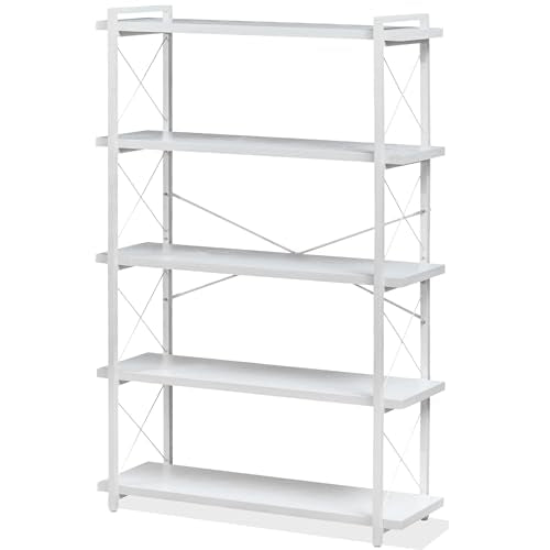 HCHQHS Bookshelf, 5-Tier Industrial Bookcase, White Open Book Shelf, Freestanding Tall Bookshelves with Metal Frame - color: Cloud White, size: 5-Tier (35.8"W x 65.7"H)