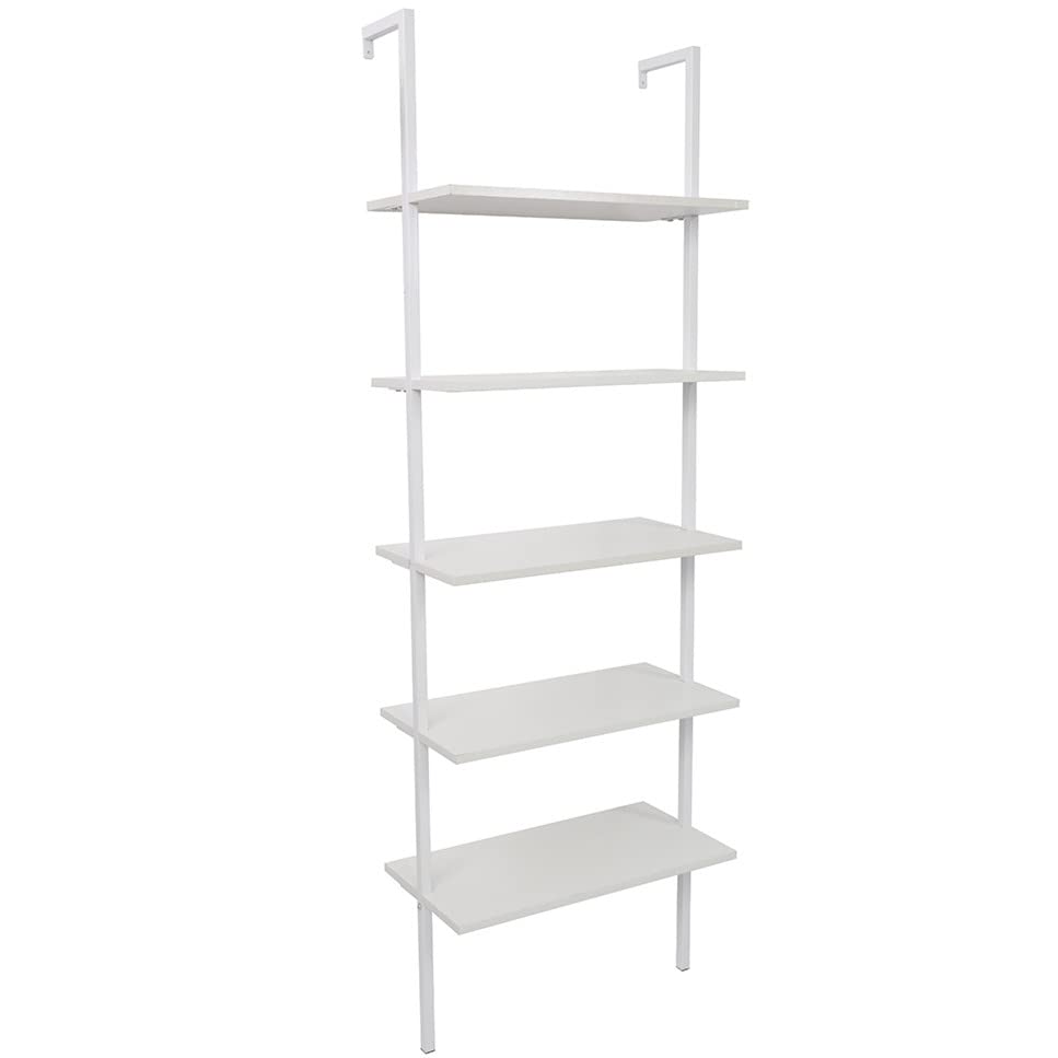 Ladder Shelf Bookshelf, 5-Tier Industrial Bookshelf with Metal Frame and Wood Board, Wall Mounted Bookcase Open Shelf Organizer for Living Room,Home Office, Bedroom, White - color: White