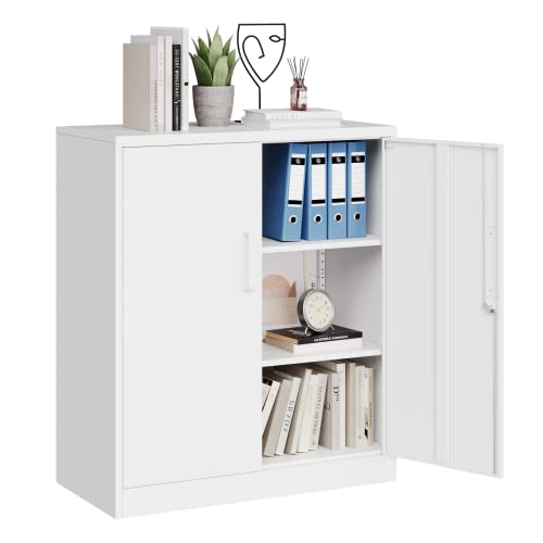 MIIIKO Metal Storage Cabinet with Locking Doors, 2-Door Locker with 2 Shelves, White Metal Cabinet with Lock for Home Office, Garage, Utility Room, Kitchen and School - color: White, style: 36"H-Handle