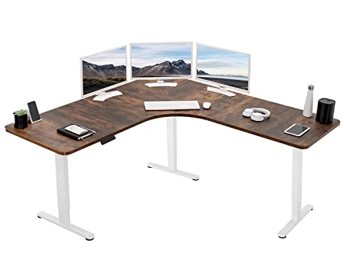 VIVO Electric Height Adjustable 71 x 71 inch Curved Corner Stand Up Desk, Rustic Vintage Brown Table Top, White Frame, Memory Controller, L-Shaped Workstation, E3C Series, DESK-KIT-E3CWN - color: Vintage Brown Top / White Frame, size: 71" x 71"
