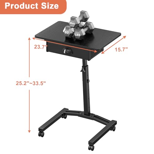 Rolling Adjustable Height Standing Desk With Drawers, Small Mobile Laptop Desk Cart On Wheels For Small Spaces Home Office, Portable Sitting Laptop Table For Bed Couch Load Up To 60LBS, Sturdy, Black - color: Black