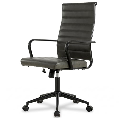 Okeysen Genuine Leather Office Chair, Mid-Century Modern Real Leather Conference Room Chairs, Ergonomic Executive Ribbed Height Adjustable Swivel Rolling Desk Chair for Home Office. - color: Grey With Genuine Leather