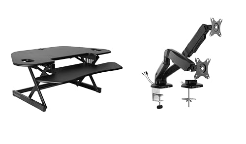 Rocelco 46" Height Adjustable Corner Standing Desk Converter with AC Outlet USB Charger and Dual Monitor Arm Mount - Stand Up Tabletop Riser Workstation - Keyboard Tray - Black (R CADRB-46-ACUSB-MA2) - color: Black+acusb, style: Riser + Premium Dual Mount