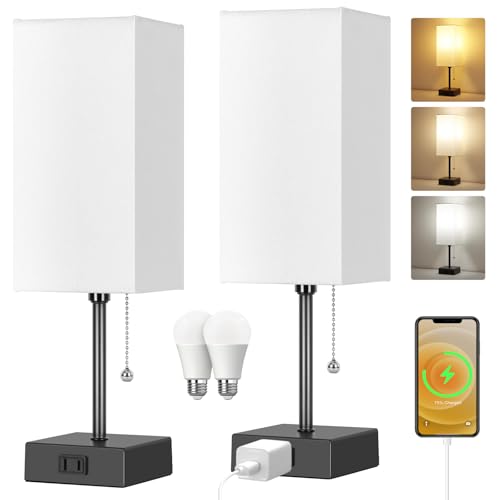 Table Lamp for Bedroom Set of 2,Minimalist Bedside Lamps with AC Outlets - color: Black+white, size: 15inch
