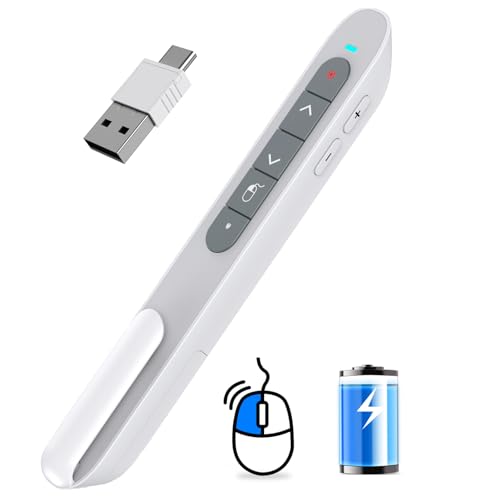 DINOSTRIKE White Presentation Clicker with Air Mouse Control, USB Type C Wireless Presenter Remote Clicker for Powerpoints Slide RF 2.4GZ Slide Advancer for Computer Laptop Mac - color: White